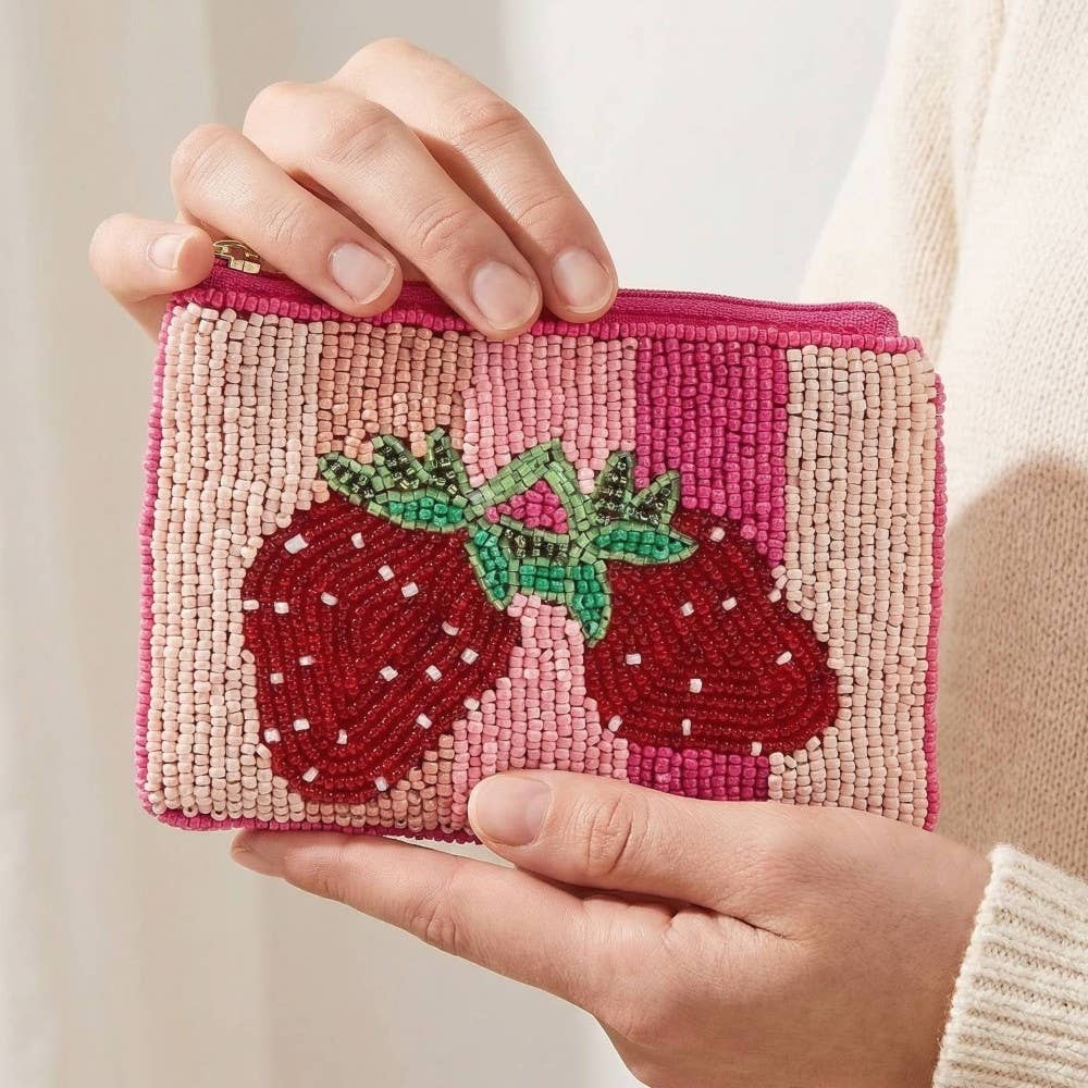 Double Strawberry Striped Seed Beaded Coin Purse: MULTI