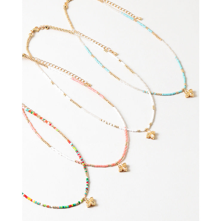 Mint Beaded & Gold Clover Short Necklace