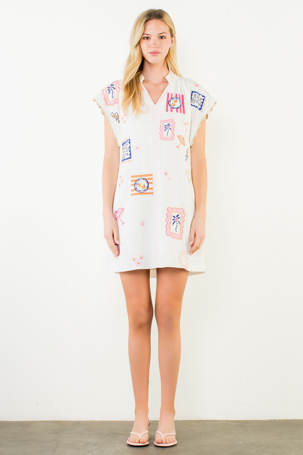 Short Sleeve Embroidery Detail Dress in White