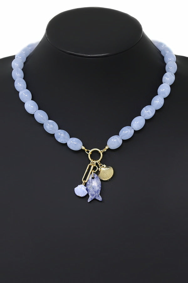Shell and Fish Pendant Beaded Charm Necklace - Blue