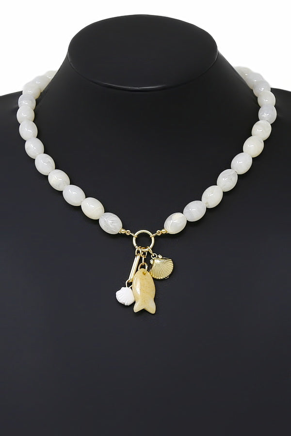 Shell and Fish Pendant Beaded Charm Necklace - Ivory