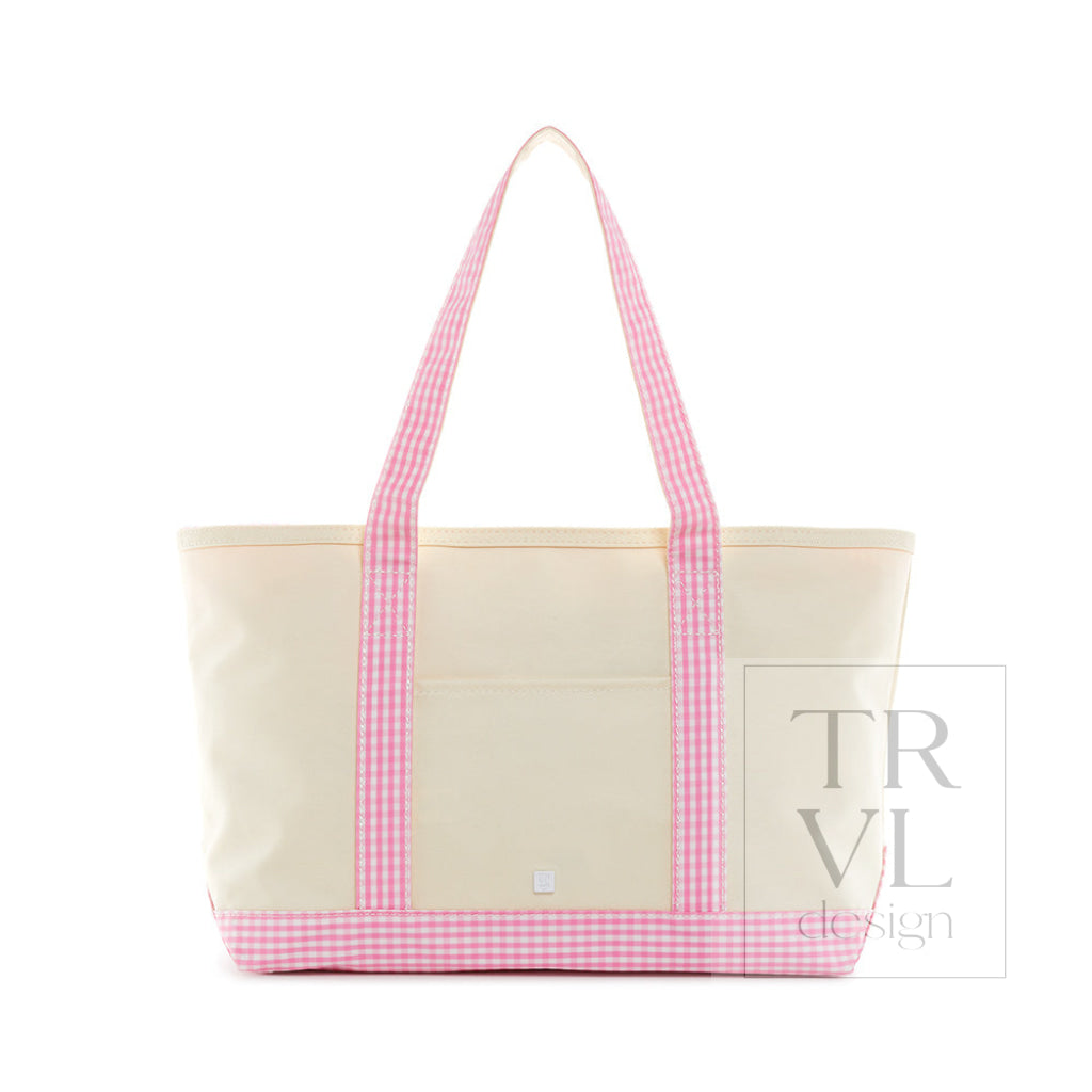 MEDIUM TOTE - COATED CANVAS NATURAL with GINGHAM PINK TRIM