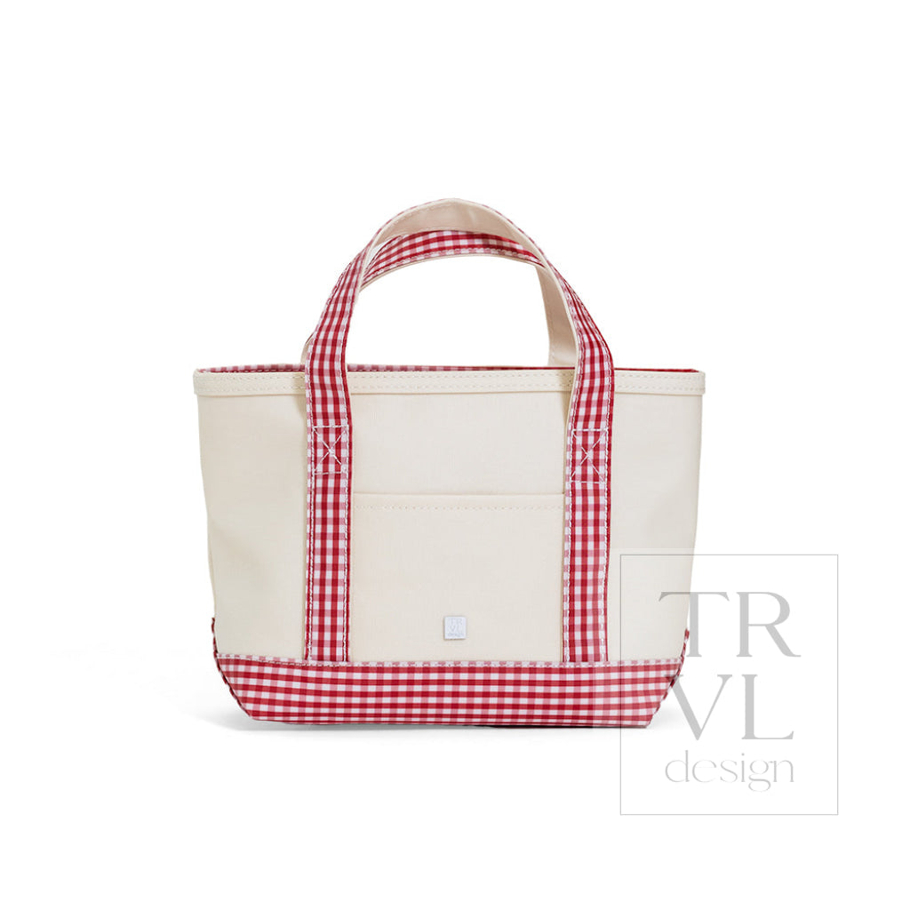 MINI TOTE - COATED CANVAS NATURAL With GINGHAM RED TRIM