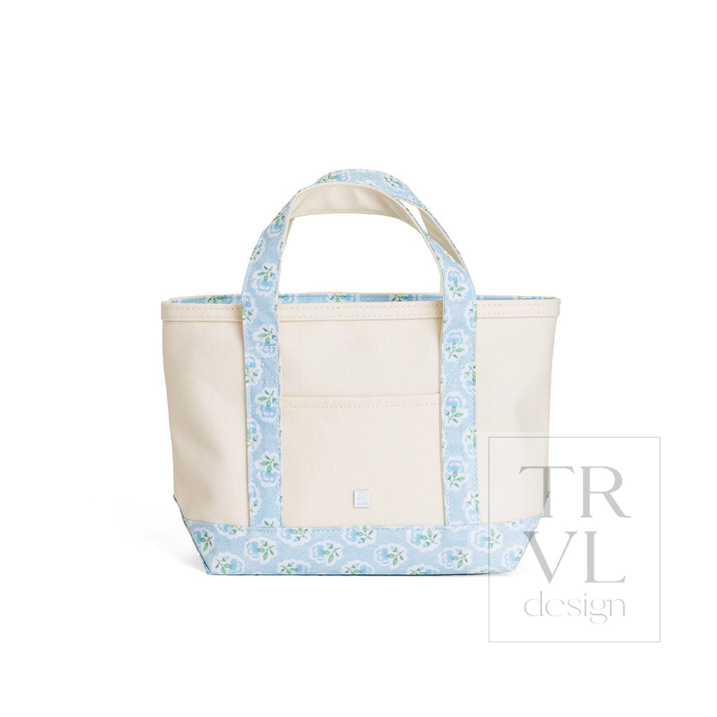 MINI TOTE - COATED CANVAS NATURAL With PETITE FLEUR BLUE TRIM