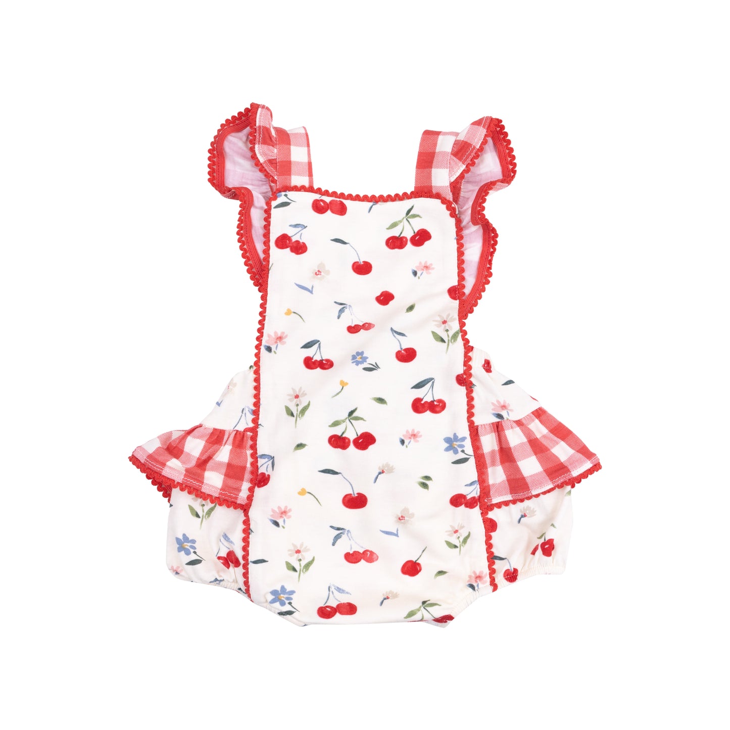 Watercolor Cherries + Gingham Ric-Rac Ruffle Sunsuit
