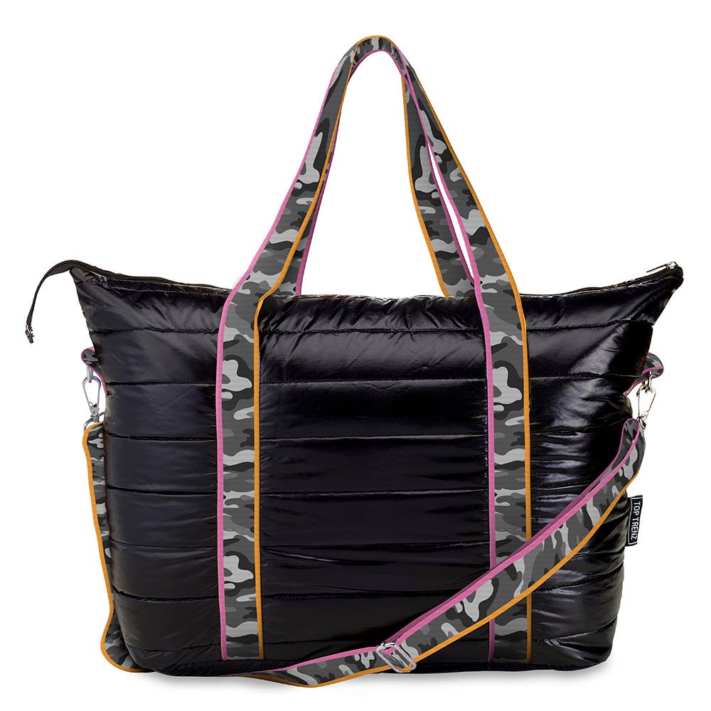 Black Puffer Tote Bag w/ Grey Camo Stripe Straps
