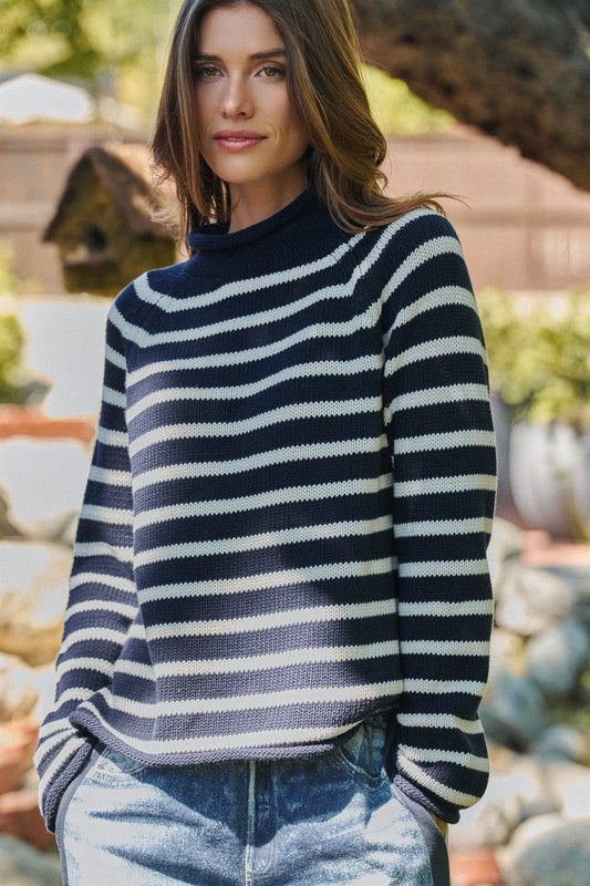 Striped Mock Neck Cotton Knit Sweater: Ivory Navy