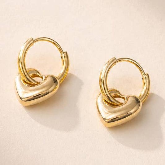 Modern Dainty Gold Puffy Heart Dangle Huggie Hoop Earrings: Gold