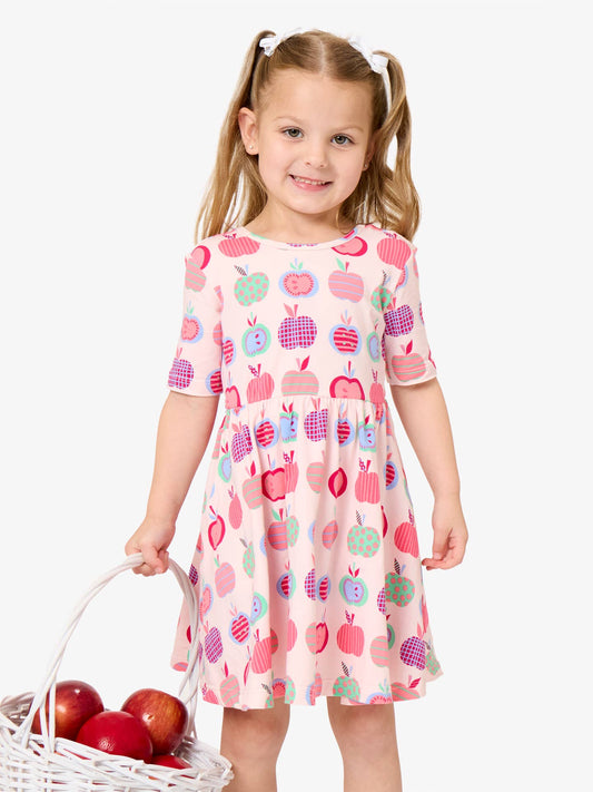 Girls Pink Apple Patch Short Sleeve Knit Twirl Dress