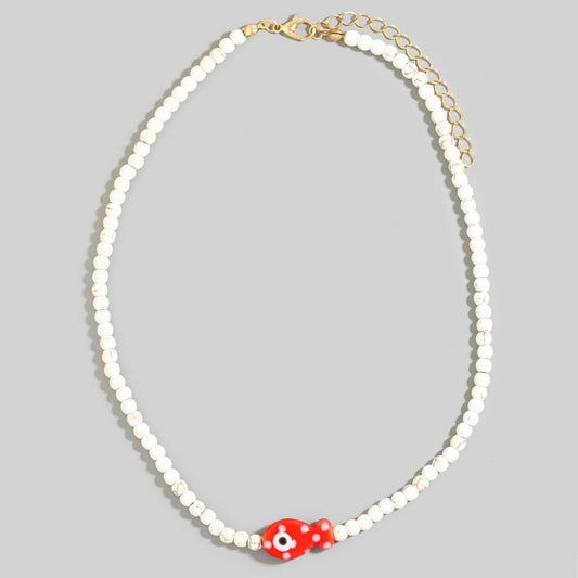 Ceramic Fish Pendant Ball Beaded necklace Red