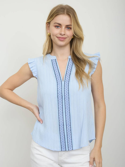 Embroidered Front Split Neck Plisse Top: Light Blue