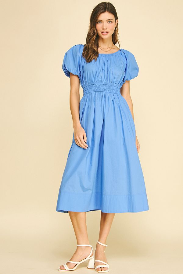 Puffed Sleeve Poplin MIDI Dress in Blue