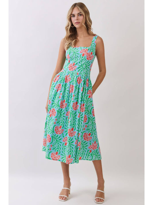 Tropical Floral Print Smocked Back Midi Dress