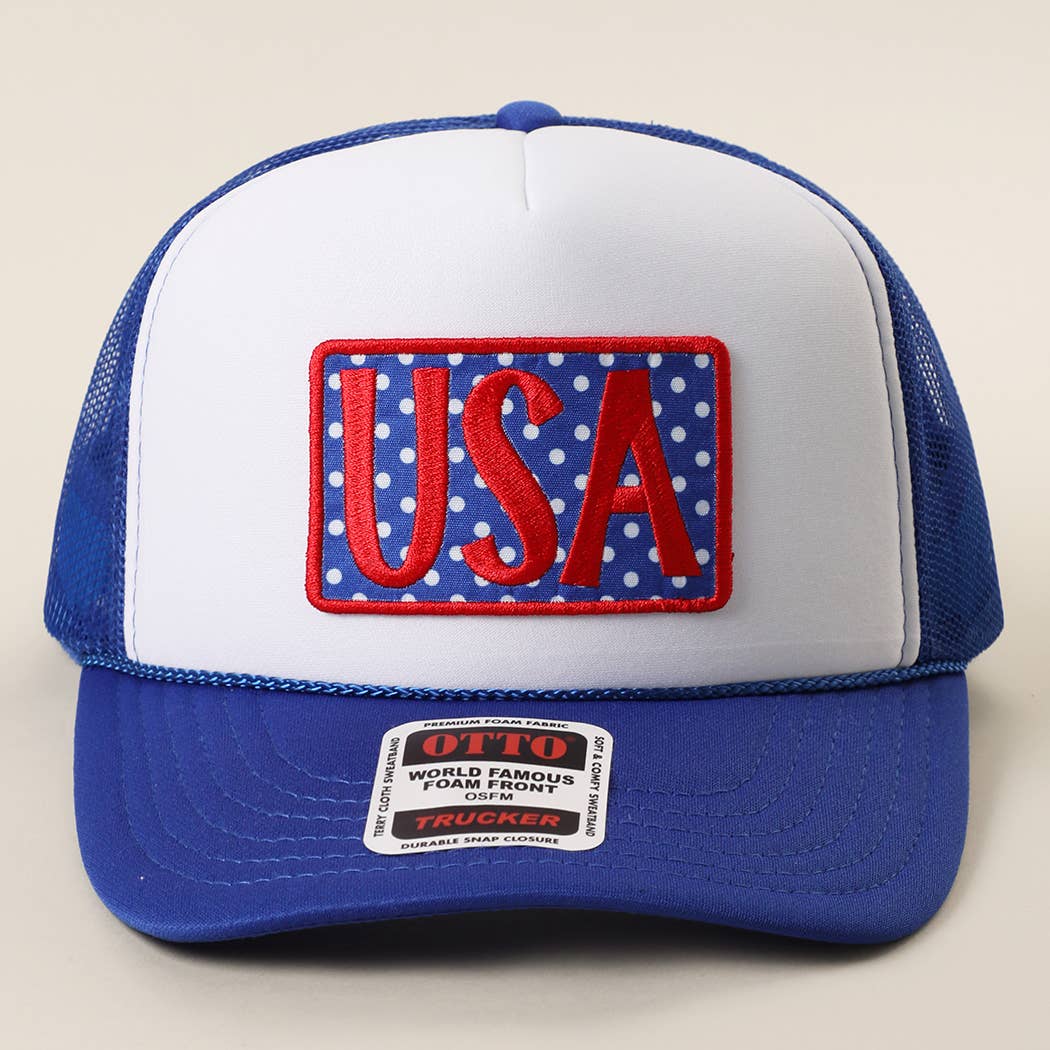 USA Embroidered Polka Dot Patch Foam Trucker Hat: RYL/WHT/RYL / ONE SIZE