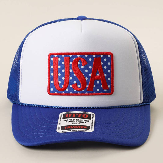 USA Embroidered Polka Dot Patch Foam Trucker Hat: RYL/WHT/RYL / ONE SIZE
