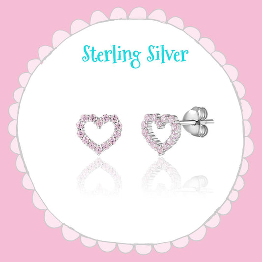 925 Sterling Silver Heart Earrings with Pink CZ