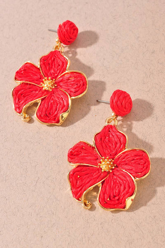 Woven Raffia Floral Statement Earrings: Red