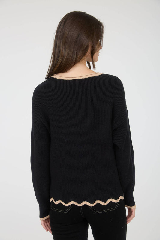 Contrast Scallop Trim Knit Pullover Sweater: Black