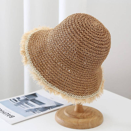 Fashion Wide Brimmed Woven Straw Bucket Hat: Brown