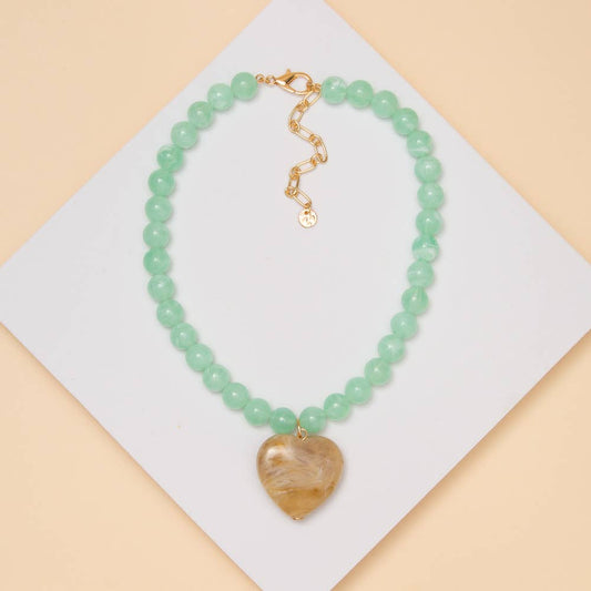 Heart Stone Beaded Necklace: Beige