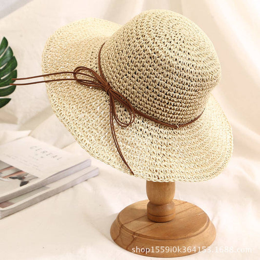 Casual Wide Brim Foldable Beach Straw Hat: Beige
