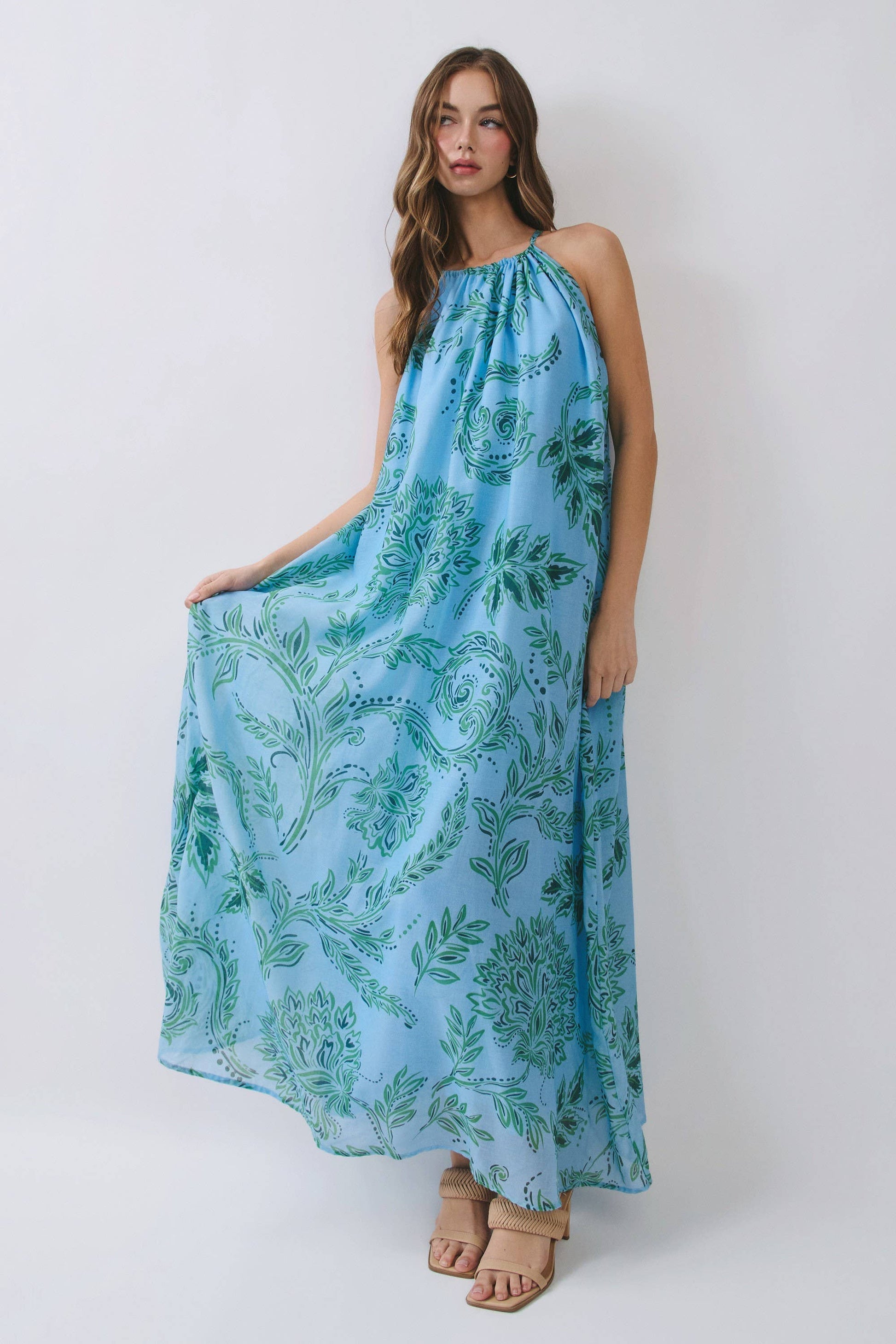 Floral Print High Neck Flowy Maxi Dress – She la la