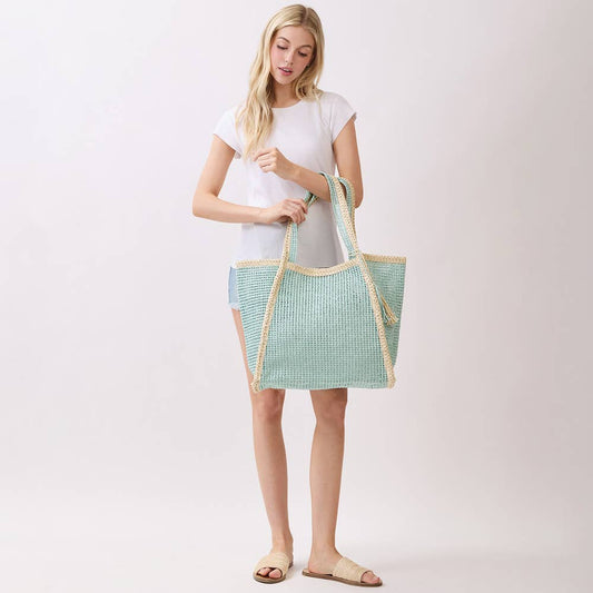 Tassel Accent Two Tone Woven Straw Tote Bag: Mint