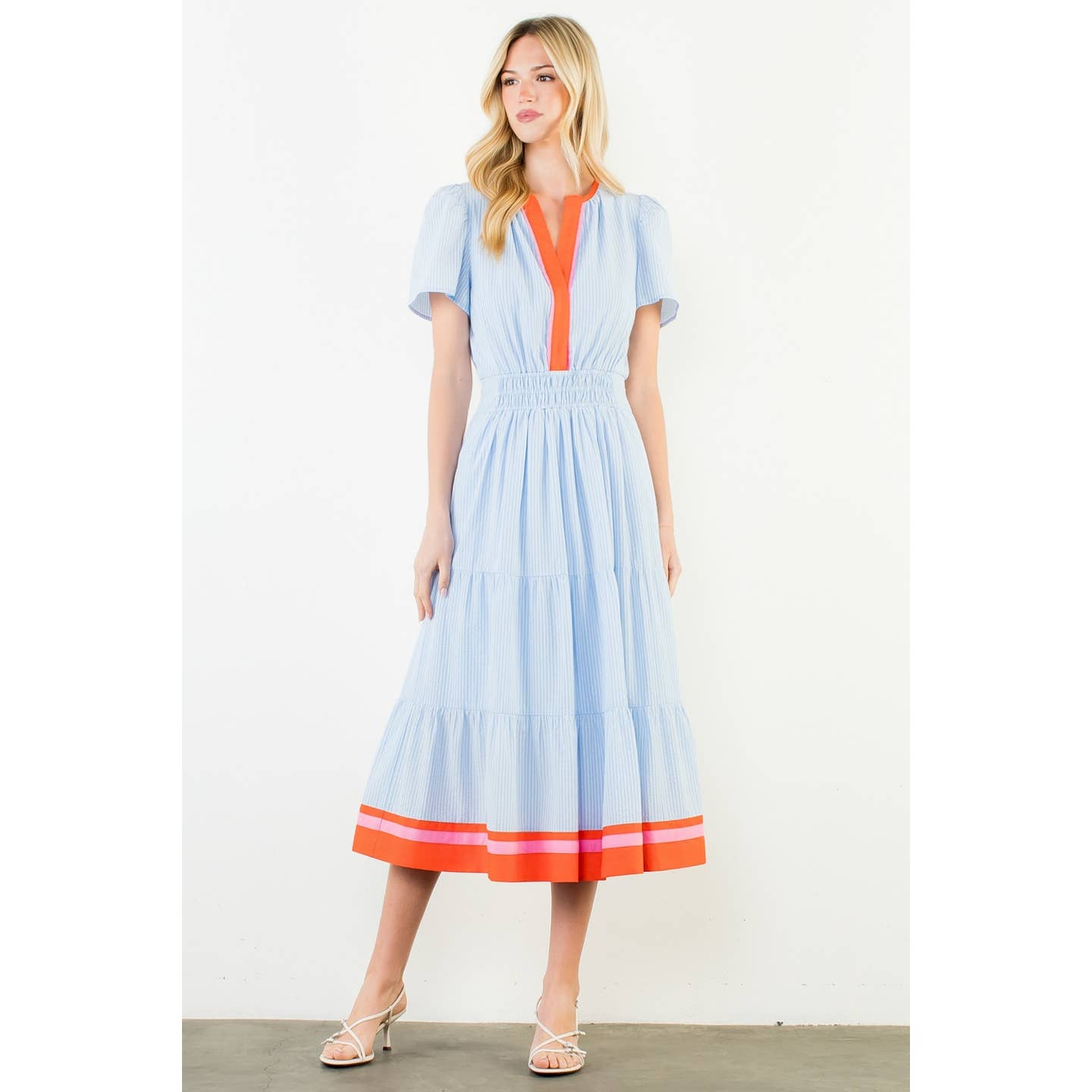 Short Sleeve Striped Textured Maxi Dress in Light Blue