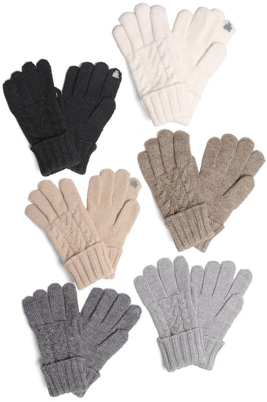 Solid Cable Knit Gloves with Flip Cuff