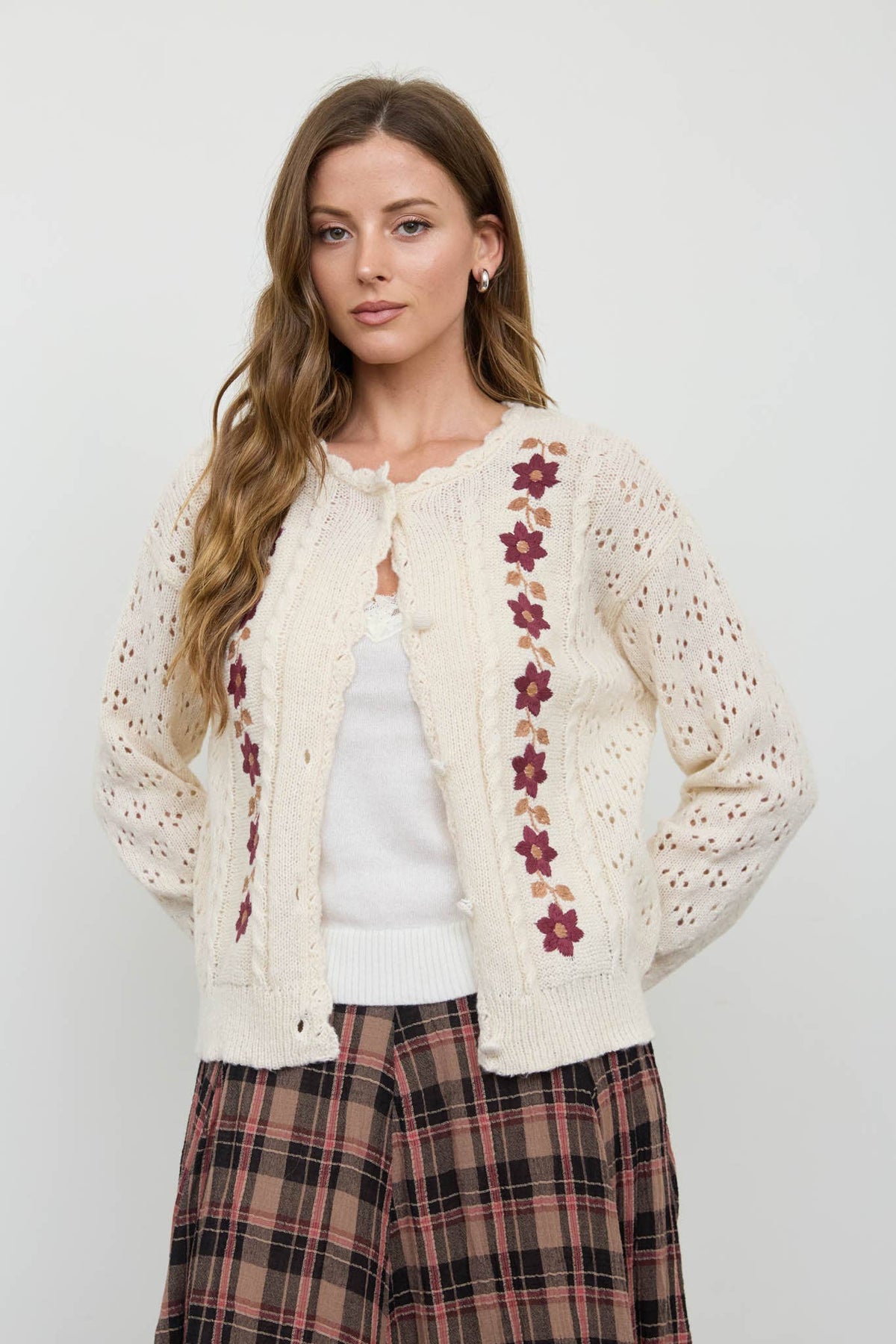 Floral Embroidery Crochet Knit Detail Cardigan: Cream