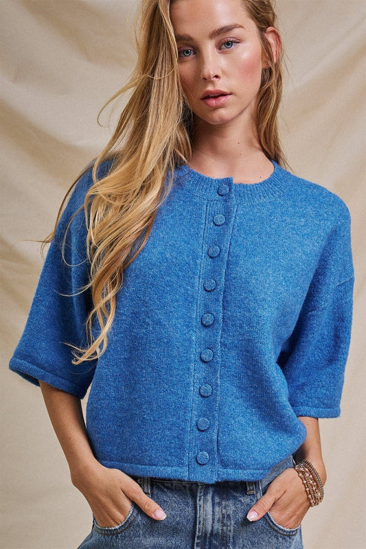Cropped Knit Button-Front Cardigan Dropped Shoulder: Blue
