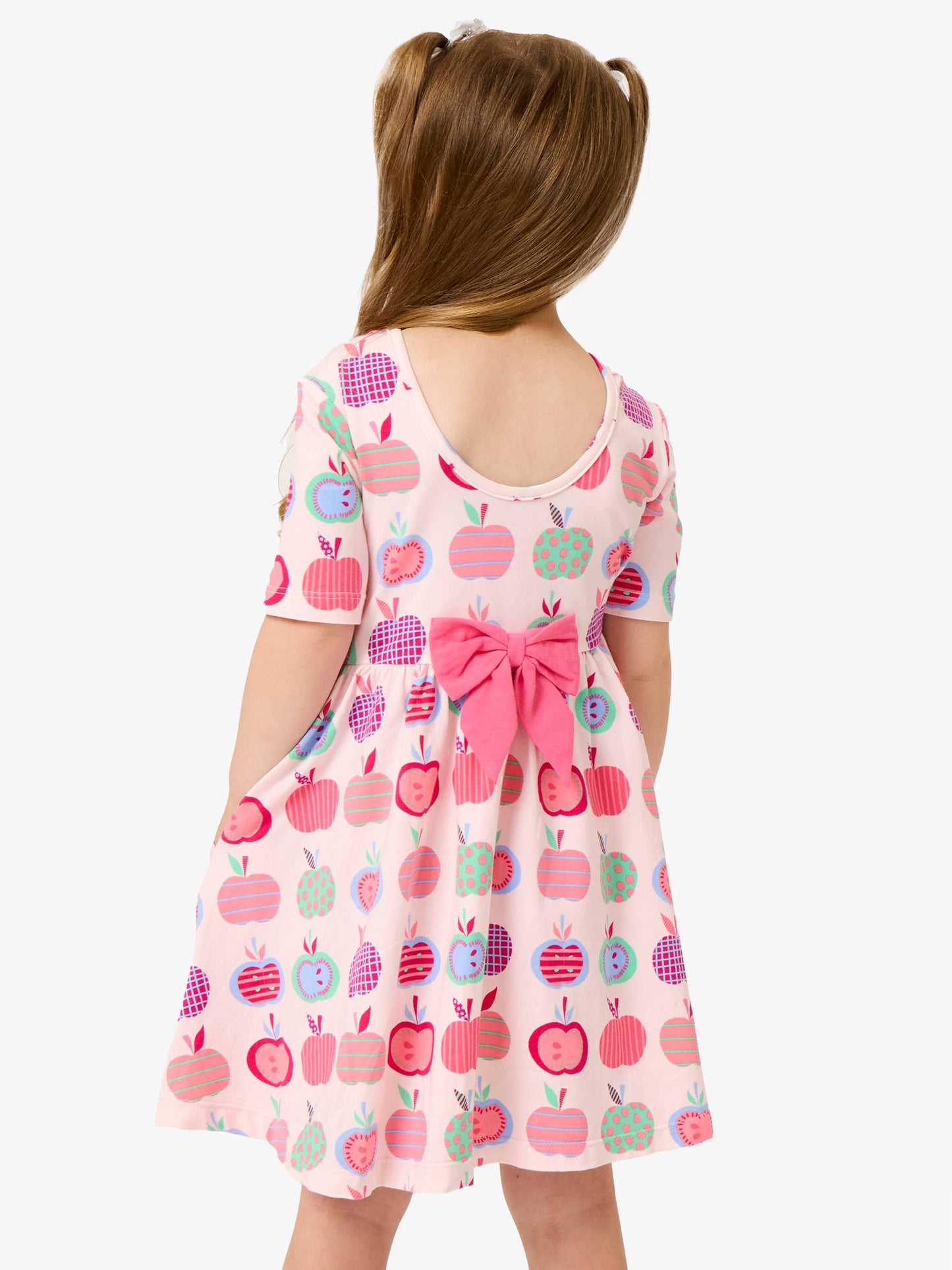 Girls Pink Apple Patch Short Sleeve Knit Twirl Dress