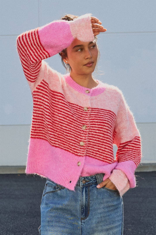 Striped Fuzzy Knit Volume Sleeve Cardigan: Pink