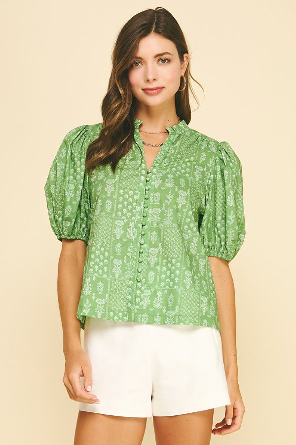 Floral Button Down Blouse Top in Deep Sage