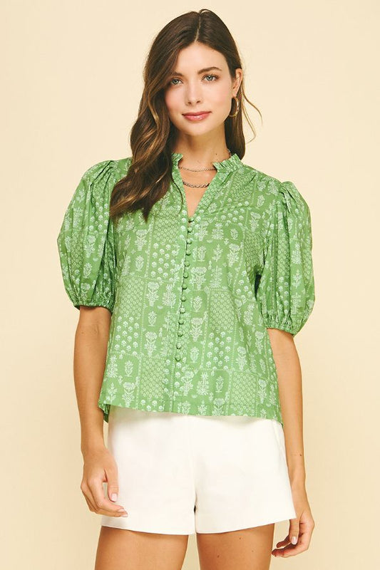 Floral Button Down Blouse Top in Deep Sage