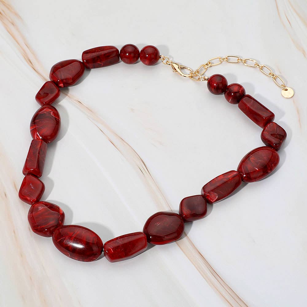 Chunky Marbled Resin Multi Shape Pebble Beaded Necklace: Wine