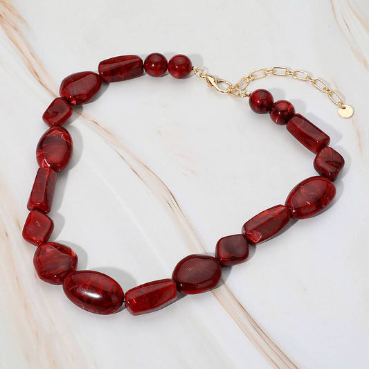 Chunky Marbled Resin Multi Shape Pebble Beaded Necklace: Wine