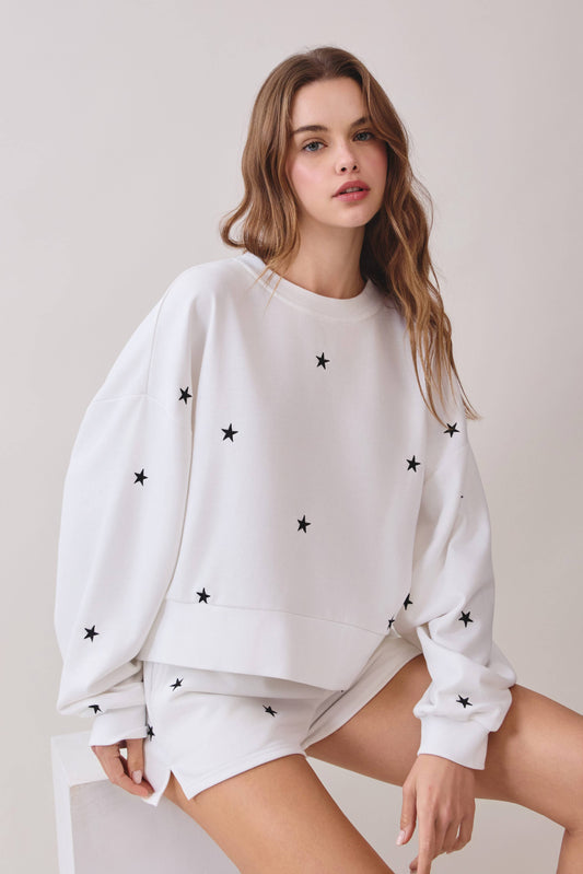 Allover Star Embroidery Drop Shoulder Sweatshirt