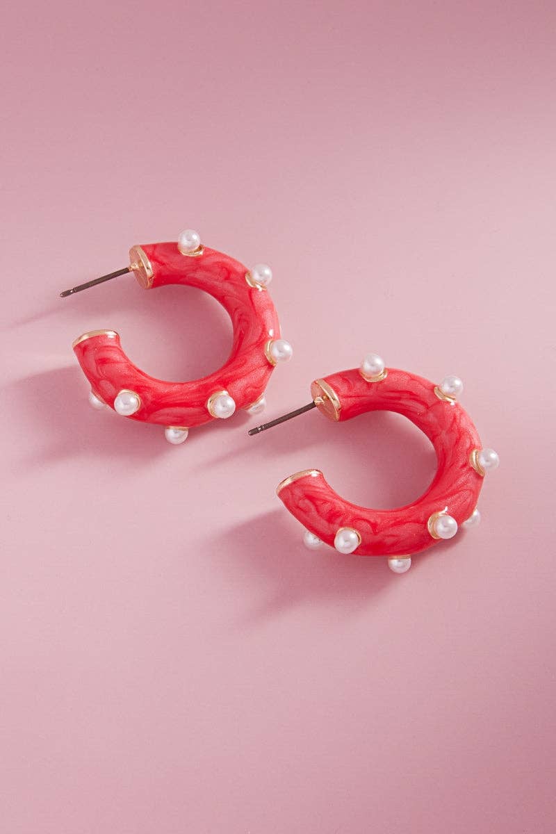 Round Pearlized Color Enamel Pearls Hoop Earrings: RED / ONE