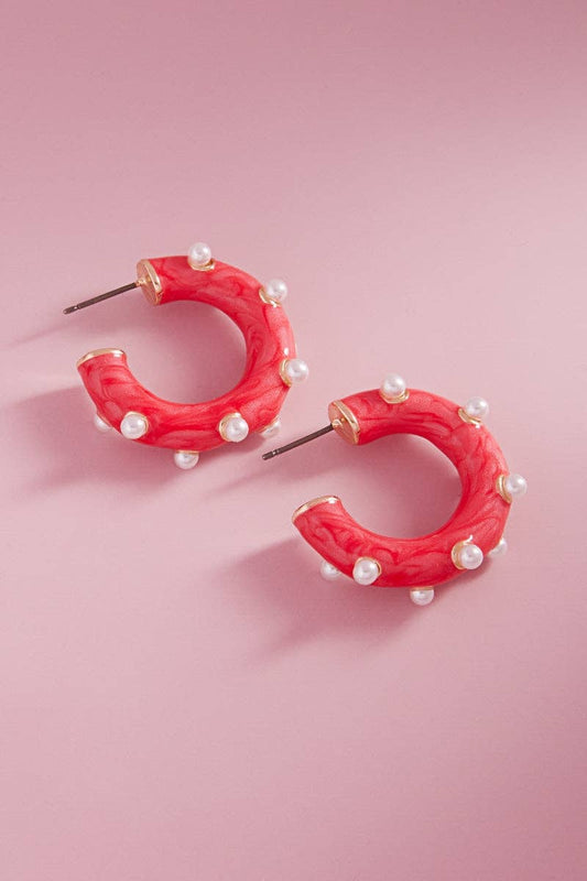 Round Pearlized Color Enamel Pearls Hoop Earrings: RED / ONE