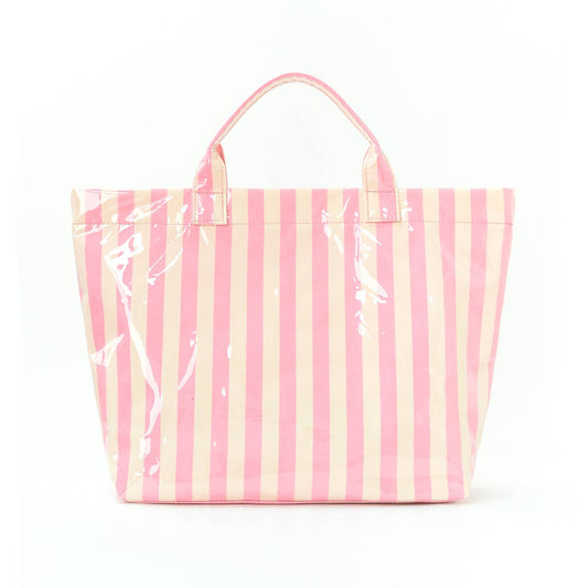 Colorblock Striped Tote Bag Snap Waterproof Beach Bag: BPink / M