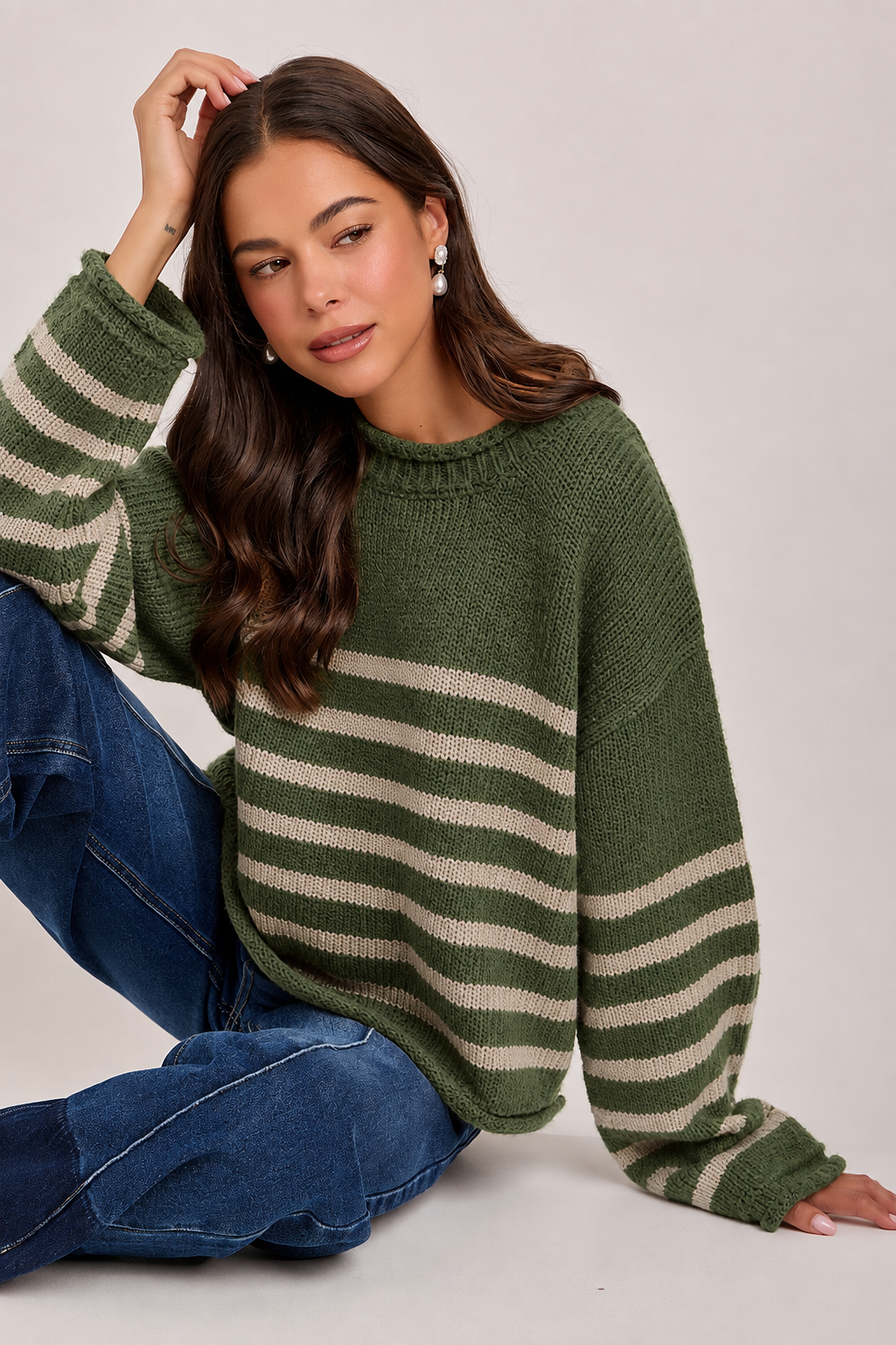 Loose Fit Stripe Fall Crew Neck Sweater Top: Olive/Oatmeal
