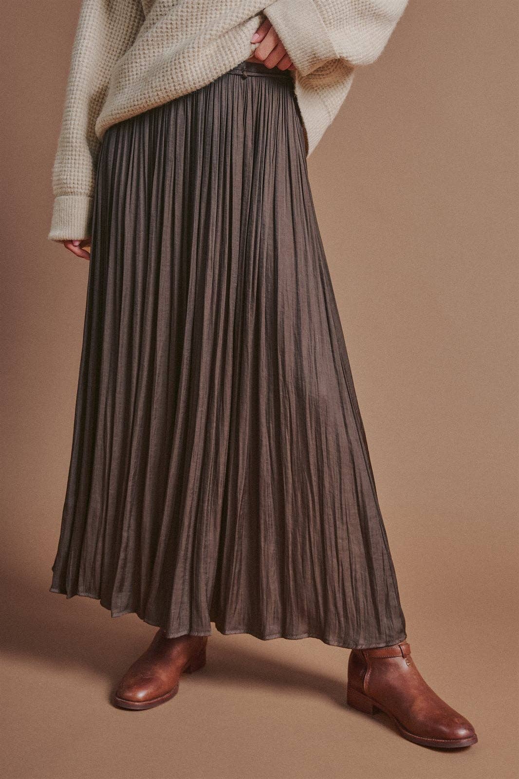 Washed Satin Crinkle Pleated Maxi Skirt: Brown