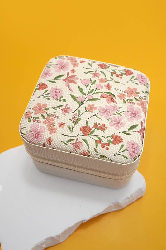 Designed Jewelry Organizer Travel Box Case | Flower B Off White