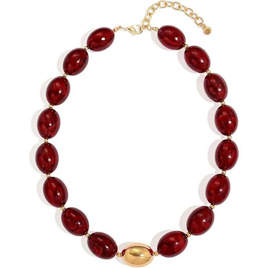 Oval Resin Bead Choker Necklace Beach Vacation Style: Red / M