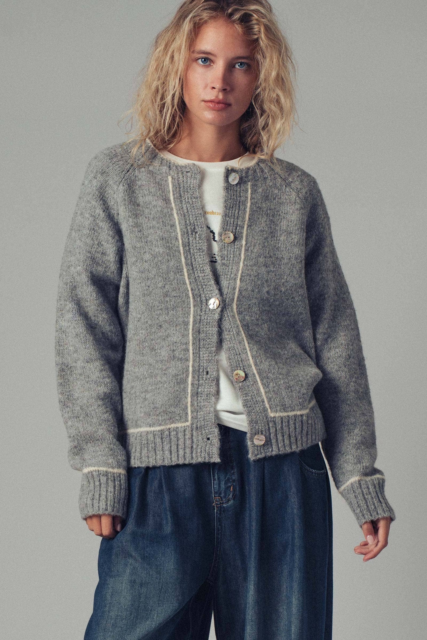 Contrast Trim Boho Knit Button Cardigan: Grey