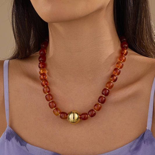 Barrel Beaded & Gold Ball Centerpiece Necklace | Brown