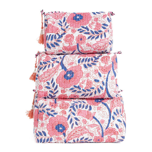 Quilted Makeup/Toiletry Bag: Flowers Pink & Blue