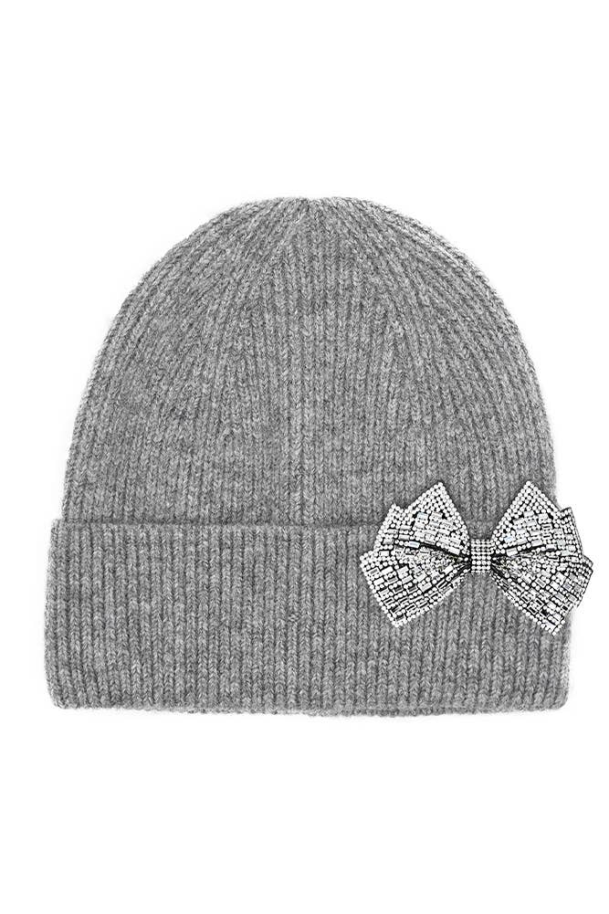 C.C Rhinestone Bow Cuff Beanie: Gray