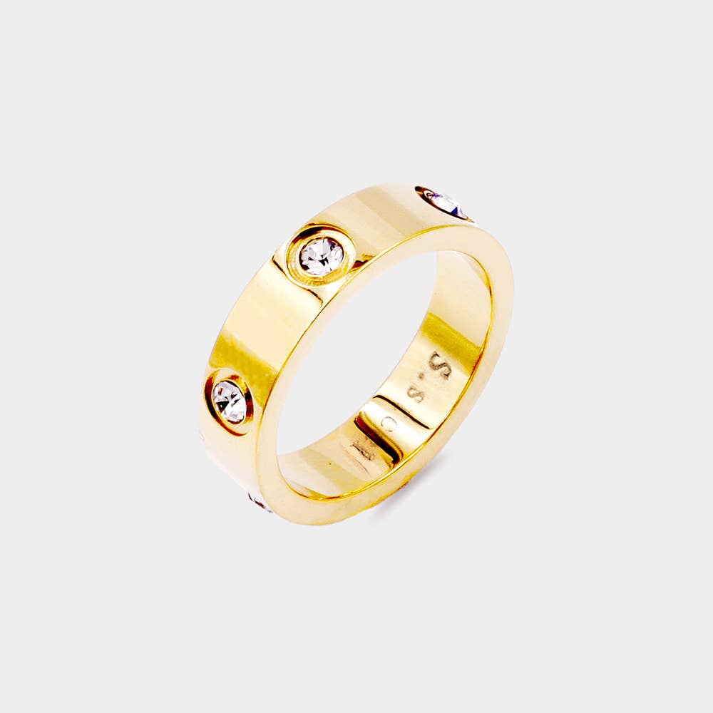 Stone Embellished Stainless Steel Band Ring
: Gold / 8